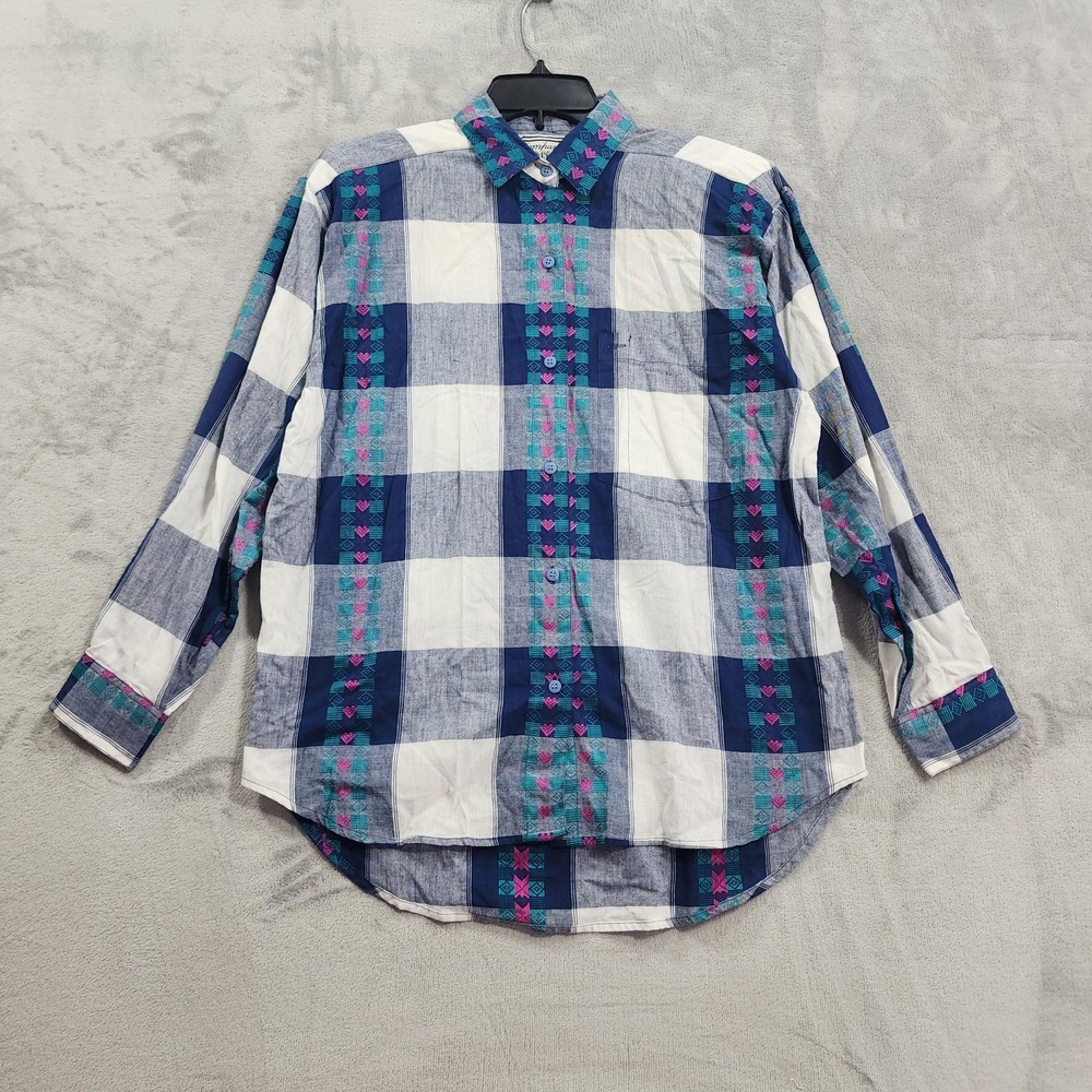 Vintage Company One Top Womens M Blue Pink Plaid Embroidered Buttonโ Long Sleeve